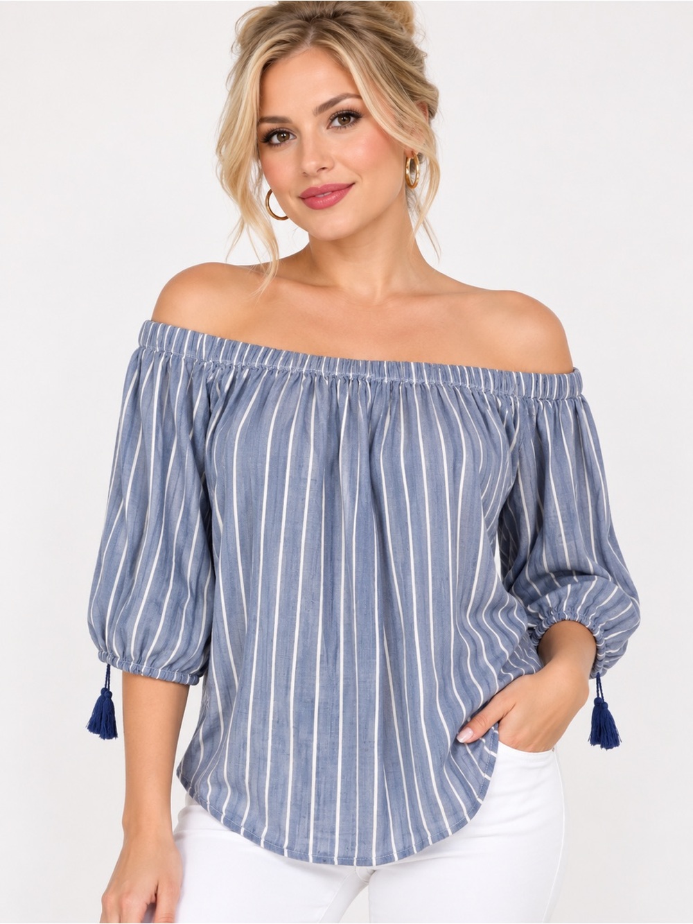 Old NavyStriped Off-Shoulder Blouse with Tassel Sleeves - Blue